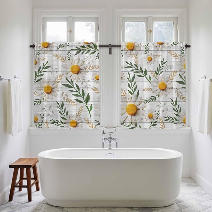 Spring Daisy Tier Curtains, Farmhouse Country Flower Leaf Plant Wood Grain - Image 5