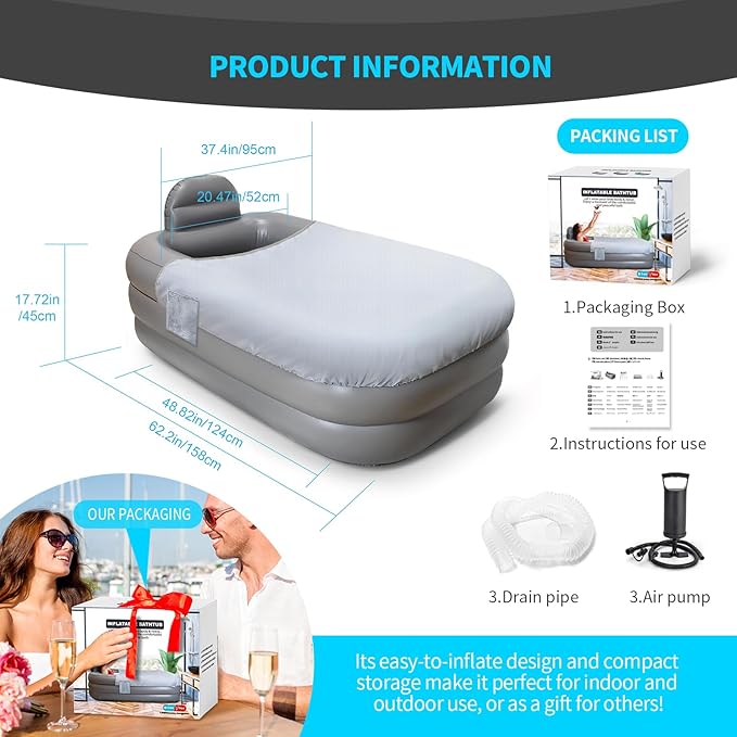 Inflatable Bathtub Adults - Blow Up Bathtub Adult for Indoor Shower Use, Portable Bathtub Adult with Cover, 62.2x37.4x17.72in, Light Grey
