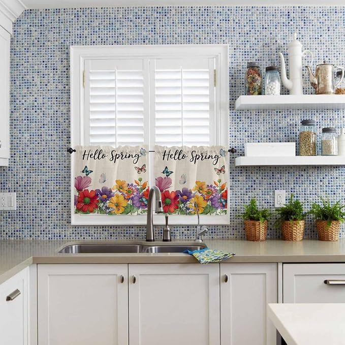 Spring Flowers Half Window Curtains 24 Inches Long, Farmhouse Vintage Country - Image 2