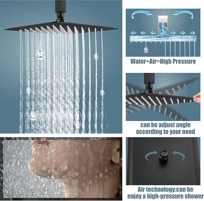 Aolemi Ceiling Mount Shower System Rain Shower Head with Handheld Spray High Pressure Shower Faucet Set Rough-in Valve Shower Trim Kit Included Bathroom Matte Black 12 Inch Ceiling Shower Head