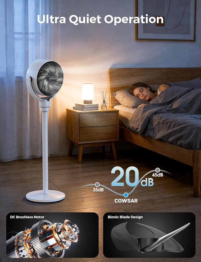 COWSAR Standing Fan for Bedroom, 20dB Quiet Fan, 150°+120°Auto Oscillation - Image 4