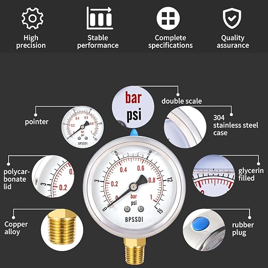 0-15 Psi Glycerin Liquid Filled Low Pressure Gauge, 2.5" Dial Size, 1/4" NPT - Image 3