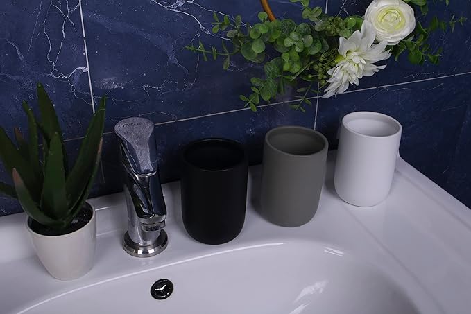 Ceramic Toothbrush Holders for Bathrooms, 8 oz Matte Tooth Brushing Dispenser, Small Tooth Brush Organizer for Vanity Countertop, Toothpaste Storage Stand, Tumbler Cup for Makeup Brushes-White