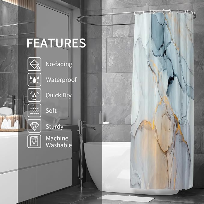 Gibelle Long Fabric Shower Curtain 72 x 78, Tall Abstract Grey Blue Marble Shower Curtain, Modern Ink Art Waterproof Fabric Shower Curtain Set with Hooks
