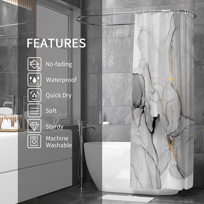 Gibelle Long Fabric Shower Curtain 72 x 78, Tall Abstract Grey Marble Shower Curtain, Modern Ink Art Waterproof Fabric Shower Curtain Set with Hooks