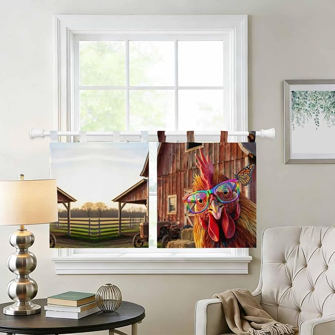 Farm Rooster Kitchen Curtains 36 Inch Length, Small Window Curtains Tab Top - Image 2