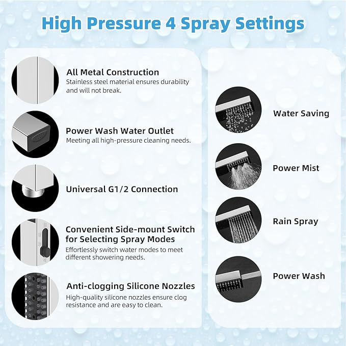 Hibbent All Metal CUPC Certified 8'' Rainfall Shower Head, Dual Shower Head Combo with 4 Handheld Sprays, High Pressure Shower Wand, 16'' Adjustable Extension Arm, 71'' Hose, Shower Holder, Chrome