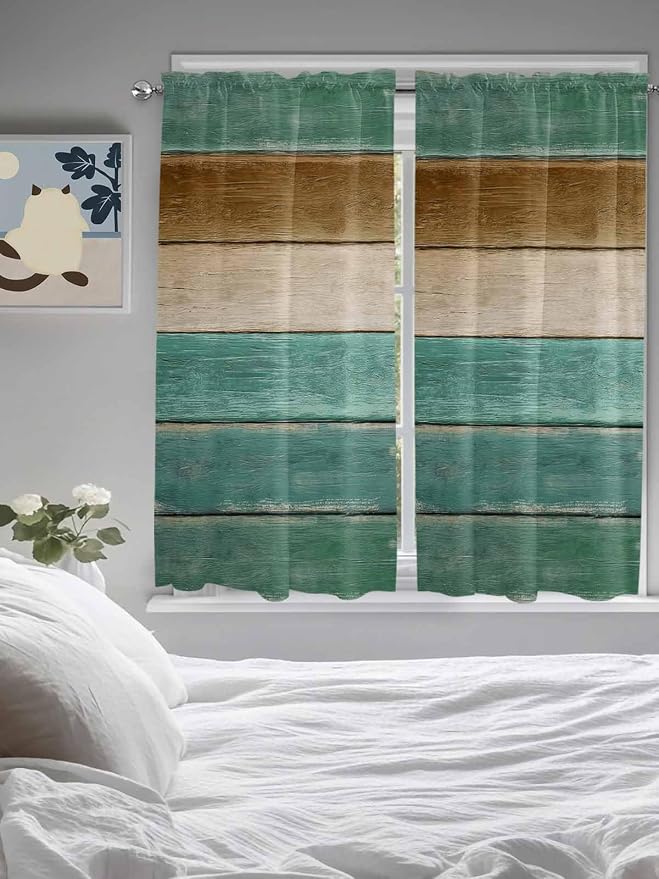 Vintage Plank Turquoise Brown Window Valance Curtains, Farmhouse Wood Grain - Image 5