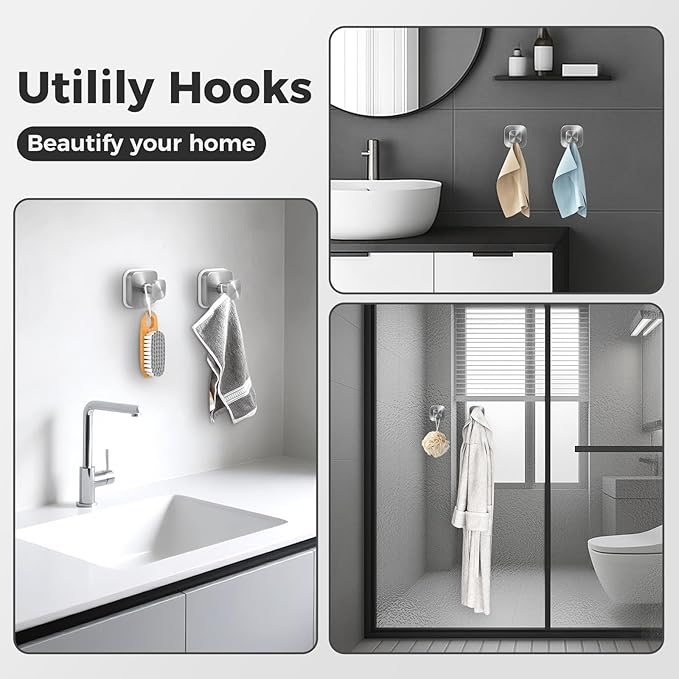Shower Hooks for Inside Shower,Reusable Suction Cup Hooks for Glass Window,Mirror,Removable Towel Hooks for Bathroom,4 Pack(Silver)