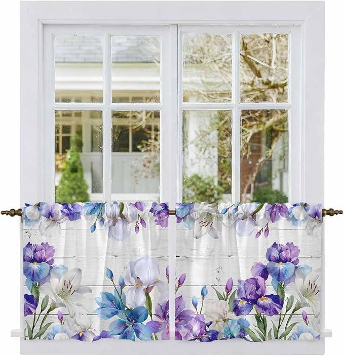 Spring Flowers Tier Curtains, Watercolor Garden Florals Wooden Grain Light by Unknown