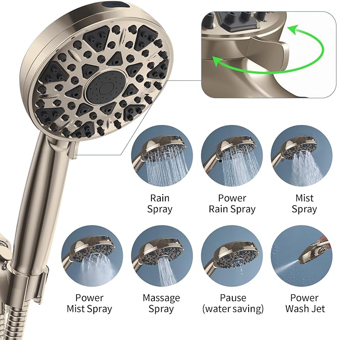 Shower Head With Handheld 7 Settings High Pressure, Built-in Power Wash to Clear Tub, Tile & Pets, 5" High Powerful Hand Held Rain Showerhead with Stainless Steel Hose and Adjustable Bracket (Nickel)