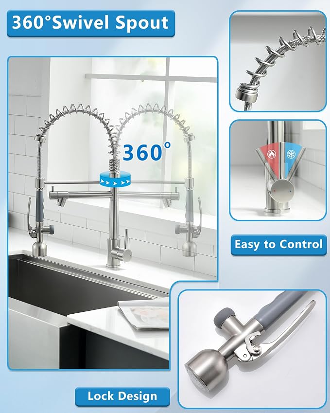 Fapully Commercial Single Handle Pull Down Sprayer Brushed Nickel Kitchen Faucet - Image 5
