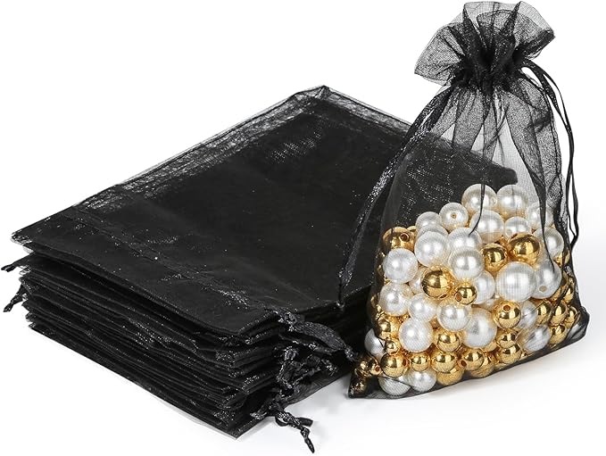 Hopttreely 100pcs Organza Bags, Black 4''x4.72''(10x12cm) Satin Drawstring Organza Pouch Wedding Party Favor Gift Bag Jewelry Watch Bags