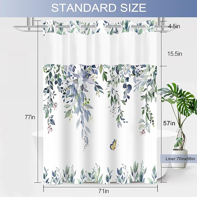 No Hook Shower Curtain and Liner Set, Green Eucalyptus Floral Shower Curtains for Bathroom, Bath Curtain Sets with Snap in Liner, Waterproof with See Through Top Window, 71x77 Inches