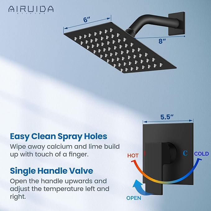 Airuida Shower Faucet Set Bathroom Rain Shower System SUS304 Stainless Steel Single Handle With Male Threads Rough-in Valve Shower Trim Kit 6 Inch Wall Mount Shower Head Matte Black