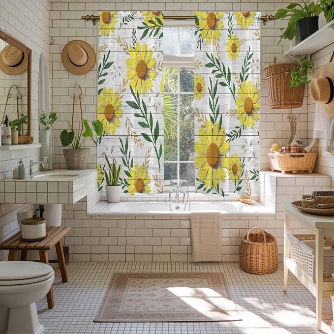 Yellow Daisy Kitchen Curtains, Farmhouse Country Flower Leaf Plant Wood Grain - Image 5