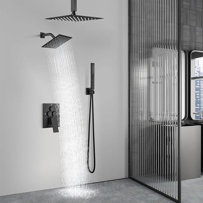 Aolemi Shower Faucet Set Ceiling Mount Shower System Rough-in Valve and Shower Trim Kit 10 and 6 Inch Dual Shower Head 2 in 1 Handheld Spray Push Button Diverter Matte Black