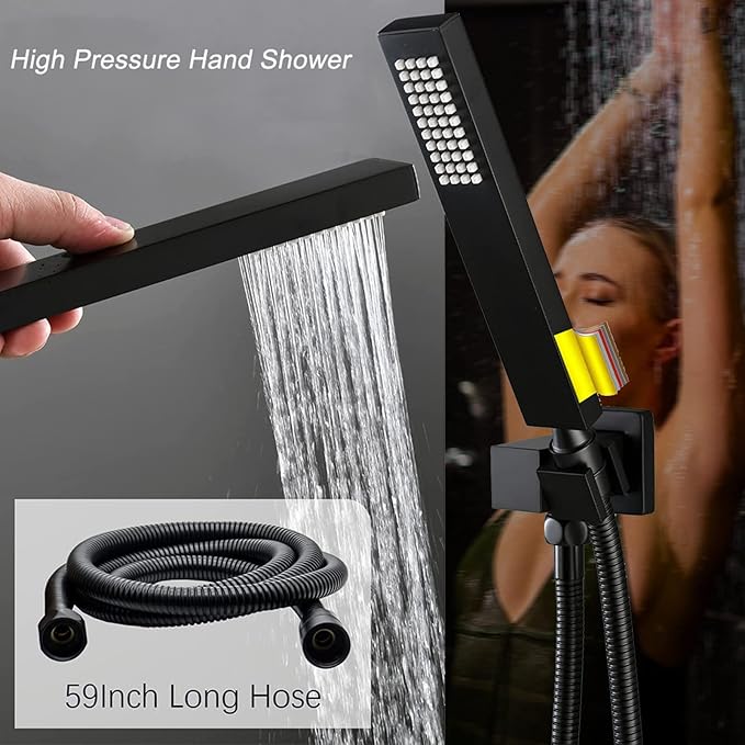 Matte Black Shower System Digital Tempreature Display Thermostatic Shower Faucet Set with 12 inch Ceiling Mount and 8 inch Wall Mount Shower Head, with 6 PCS Body Jet and Handheld Spray