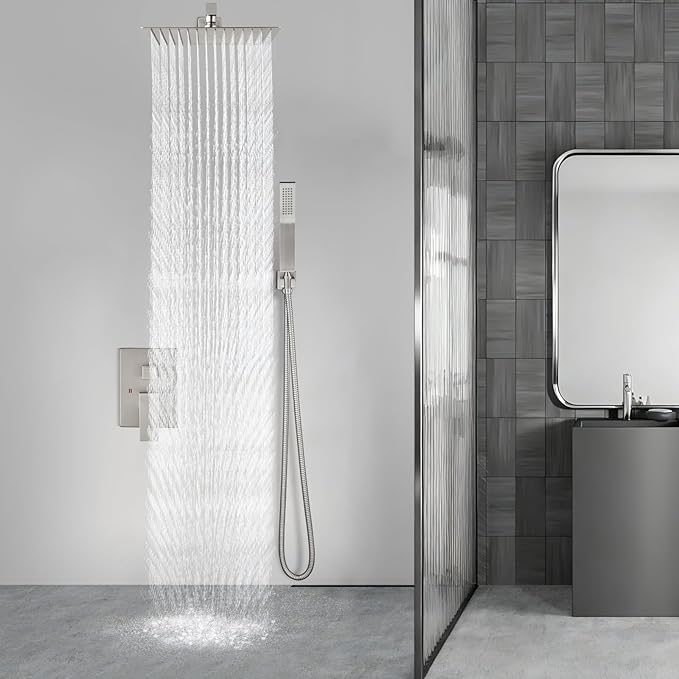 Aolemi Shower Faucet Set Rain Shower System with Handheld Spray Bathroom Shower Combo Rough-in Valve and Shower Trim Kit Included Brushed Nickel 16 Inch Wall Mount Shower Head