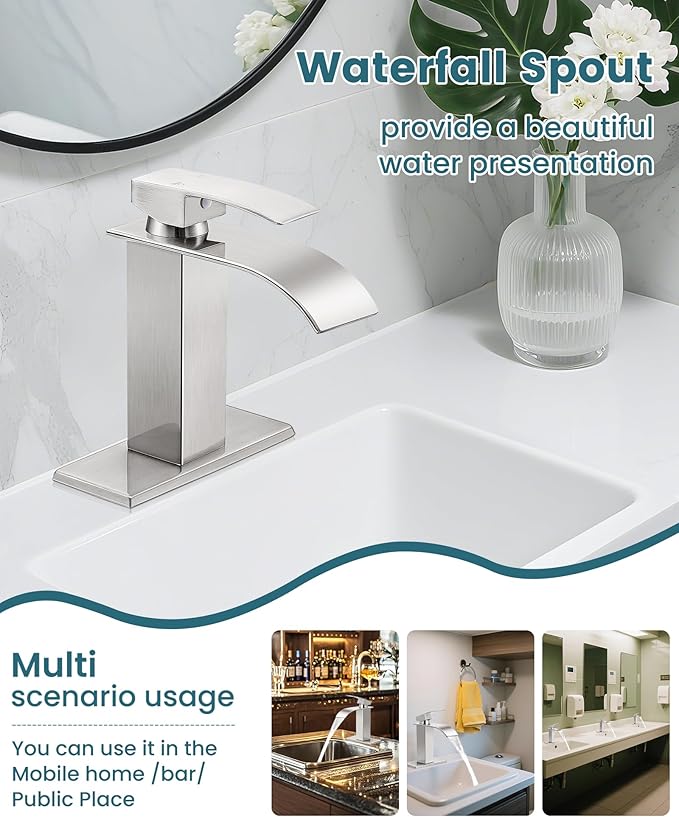 Bathroom Faucets Brushed Nickel Waterfall Bathroom Sink Faucet Modern Single Handle Bathroom Faucet for 1 or 3 Hole Mxier Tap Washbasin Faucet with Deck, Pop-up Drain and Supply Hoses
