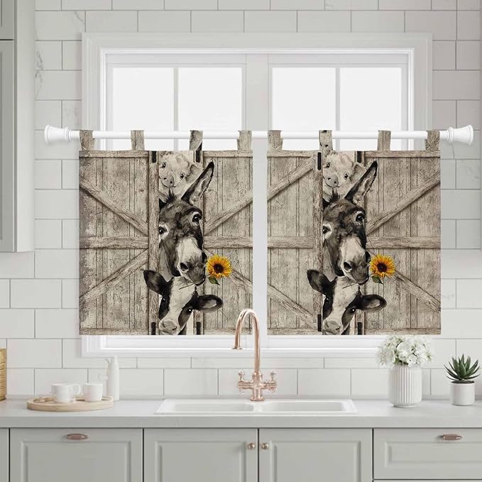 Funny Farm Animals Kitchen Curtains 24 Inch Length, Small Window Curtains Tab - Image 3