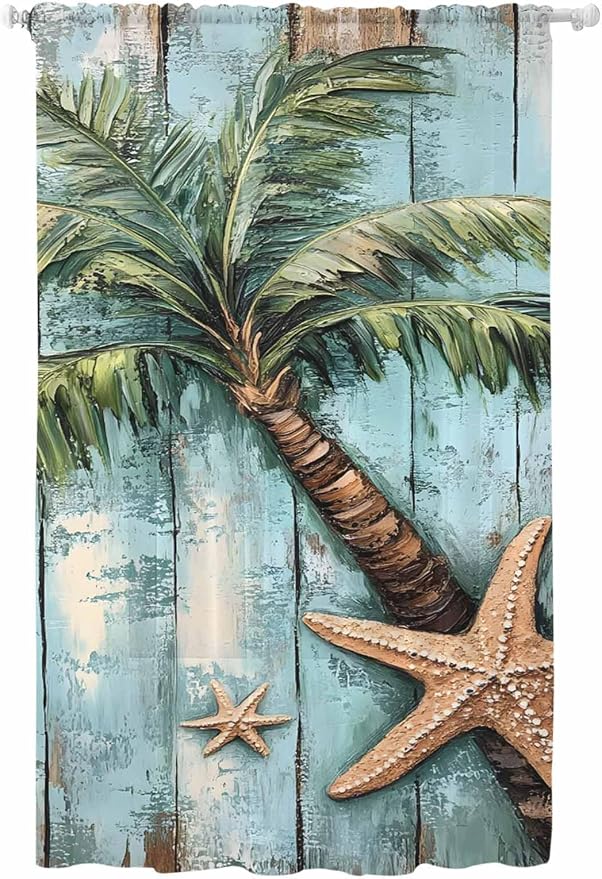 Sheer Curtains 84 Inches Long, Coastal Blue Green Tree Semi Sheer Curtains by Unknown