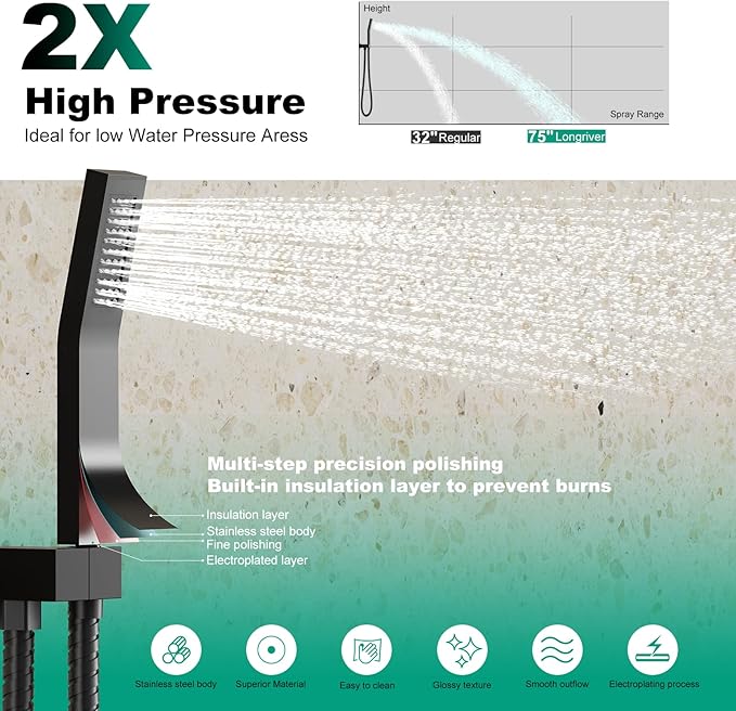 Push Button Diverter Shower Faucet Set, Hydro Power Temperature Display, Shower System 12 Inch Shower Head with Handheld Spray, Wall Mounted Shower Fixtures with Shower Valve and Trim Kit, Matte Black