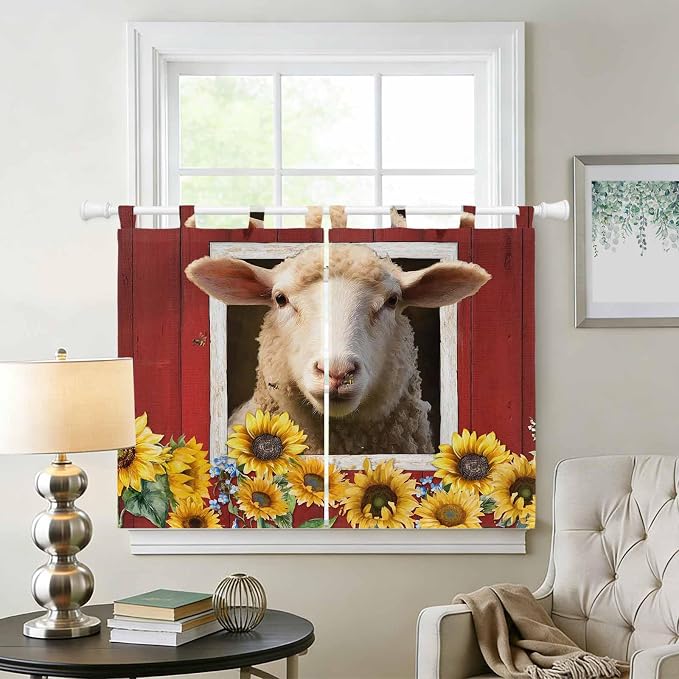 Sheep Sunflower Bedroom Curtains 63 Inch Length, Window Curtains Tab Top - Image 2