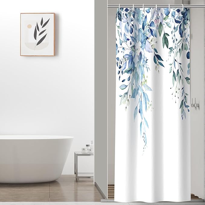 Colorful Star Blue Eucalyptus Waterproof Shower Curtain Set with Hooks, Minimalist Watercolor Floral Print Bathroom Décor, Plant Leaves Washable Fabric Shower Curtain, 36 x 72 Inch