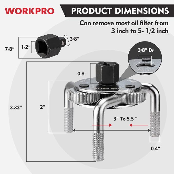 WORKPRO Adjustable Oil Filter Wrench, Universal 3"–5-1/2" Heavy Duty 3-Jaw Oil - Image 2