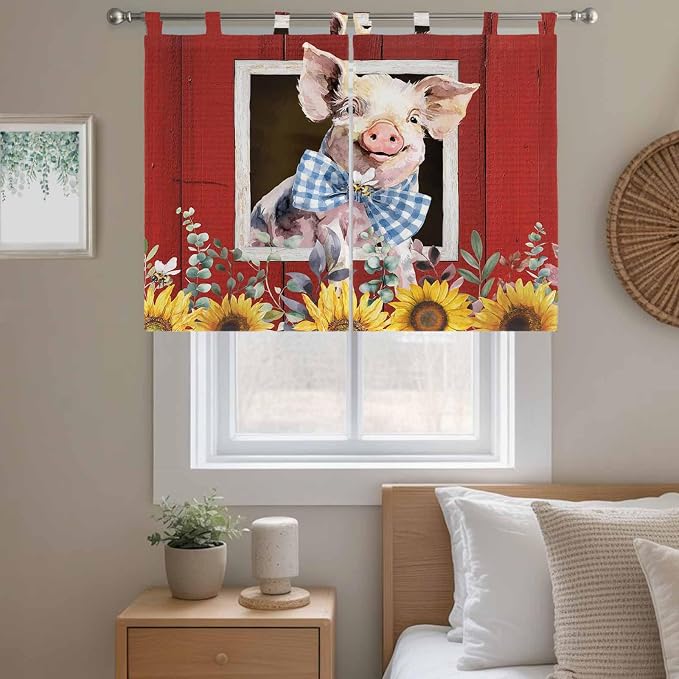 Pig Sunflowers Kitchen Curtains 45 Inch Length, Short Cafe Window Curtains Tab - Image 9