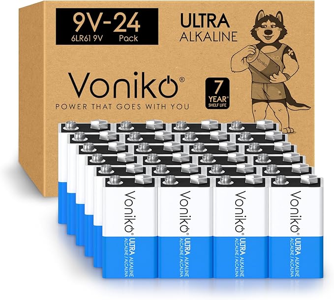 Voniko 24-Pack 9V Batteries, Long-Lasting 9 Volt Battery by Voniko