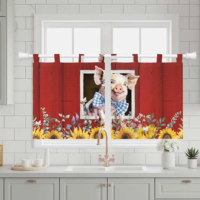 Pig Sunflowers Kitchen Curtains 36 Inch Length, Small Window Curtains Tab Top - Image 3