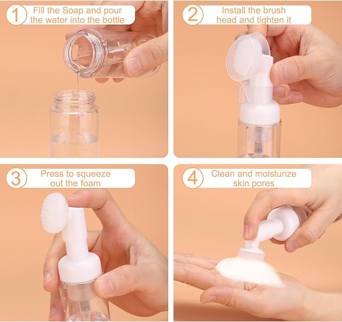 uxcell 4Pcs Empty Foaming Soap Dispenser, 2oz / 60ml Facial Cleanser Foam Bottle with Brush for Hand Soap, Shampoo, Shower Gel, Clear Black