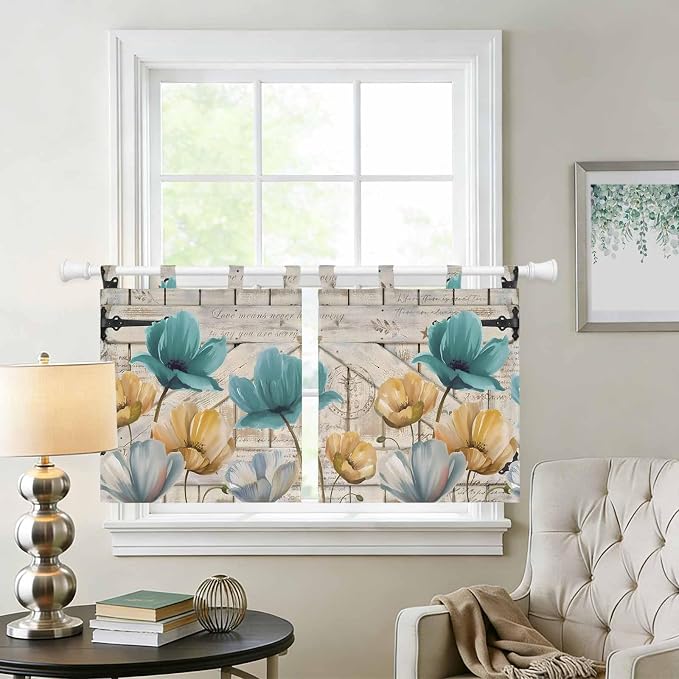 Watercolor Flowers Kitchen Curtains 36 Inch Length, Small Window Curtains Tab - Image 2