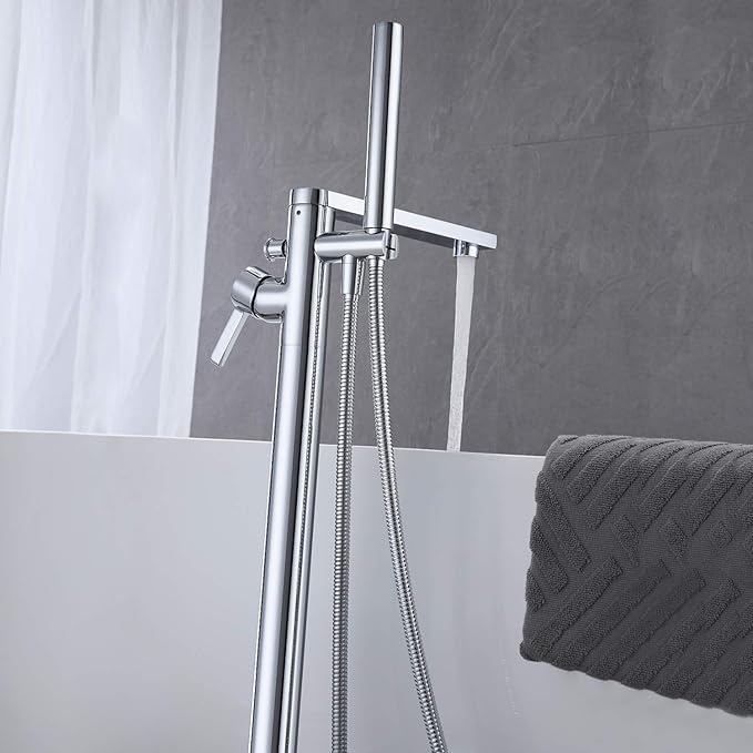 Freestanding Bathtub Faucet Tub Filler Chrome Floor Mount Brass Single Handle Bathroom Faucets with Hand Shower