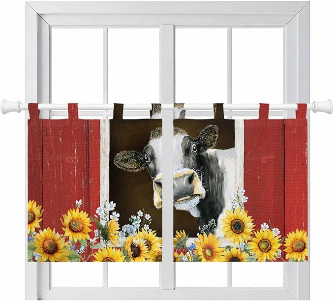 Cows Sunflowers Kitchen Curtains 36 Inch Length, Small Window Curtains Tab Top by Unknown