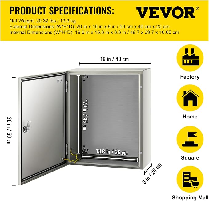VEVOR NEMA Steel Enclosure, IP66 Waterproof & Dustproof, Outdoor/Indoor - Image 7