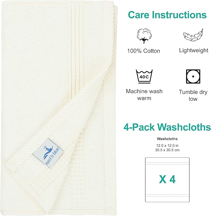 EastNBlue Lara 100% Turkish Cotton Washcloths 4 Pack, Extra Soft & Absorbent Wash Cloths for Face & Body (12" x 12"), Terry Cloth, Small Hand Towels for Bathroom, Cream