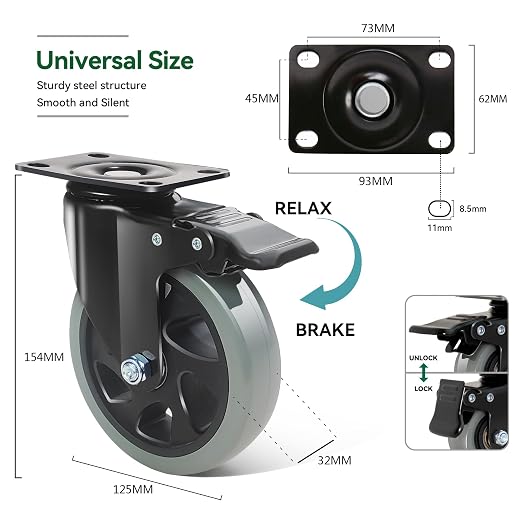 5" Caster Wheels Set of 4 Heavy Duty, BZOLIHEU Swivel Caster - Image 2