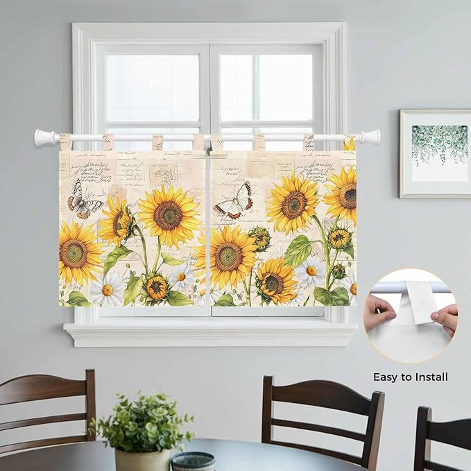 Yellow Sunflowers Kitchen Curtains 24 Inch Length, Small Window Curtains Tab Top - Image 4