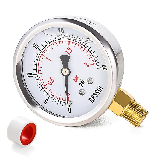 0-30 Psi Glycerin Liquid Filled Low Pressure Gauge, 2.5" Dial Size, 1/4" NPT by BPSSDI