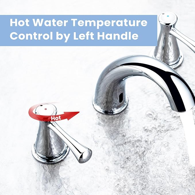 Touchless Bathroom Faucet for 3 Holes with 3 Handles, Controlling Temperature & Adjustable Water Flow, Short & Long Induction Modes, Auto Motion Sensor Chromed Bathroom Faucet Set 29180