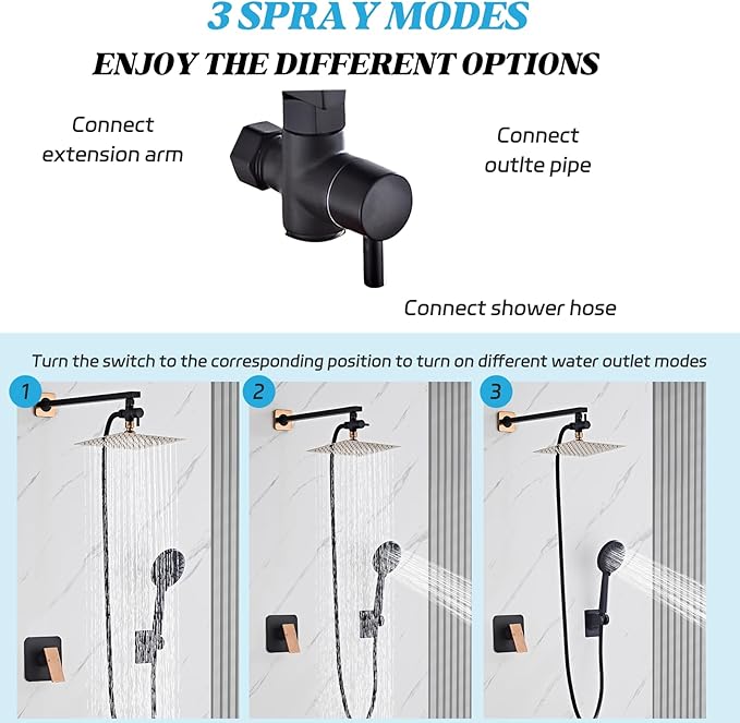 Shower Head 8'' High Pressure Rainfall, Handheld Shower Combo with 11'' Extension Arm, 5 Spray, Anti-leak Luxury Premium Quality, Rainfall Shower Head with Handheld Spray Combo, Rose Gold