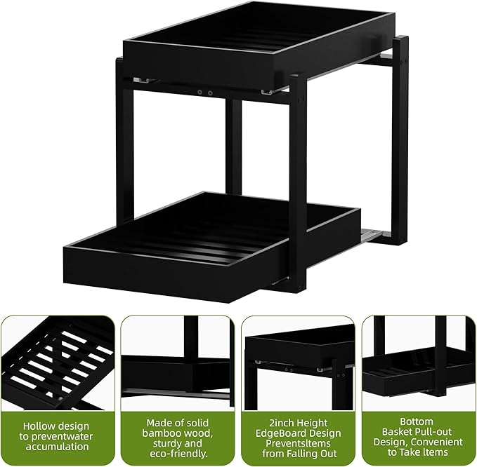 2 Pack Under Sink Organizer, Bamboo Wooden 2-Tier Pull-Out Storage with Sliding Drawers for Kitchen and Bathroom Cabinets, Easy Installation (Black, 1 pack)