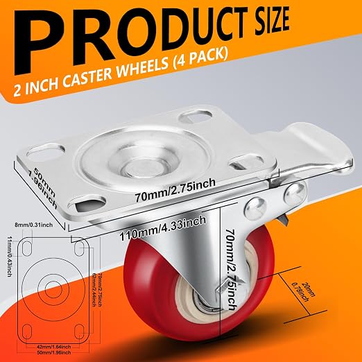 Caster Wheels 2 Inch, Heavy Duty Caster Wheels Set of 4, Swivel Castor Wheels - Image 2