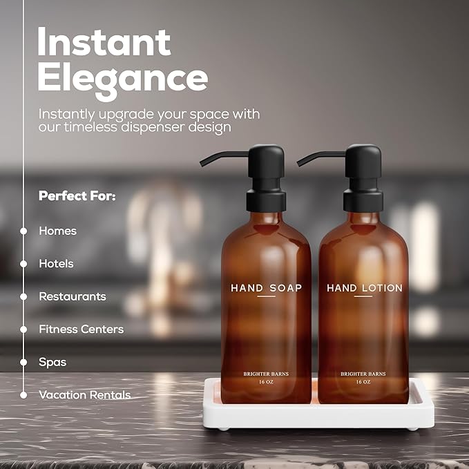 Amber Glass Soap and Lotion Dispenser Set with Tray by Brighter Barns - Hand Soap Dispenser Bathroom Set & Stainless Steel Pump for Home, Restaurant, Spa - Neutral Bathroom Decor & Accessories (Amber)
