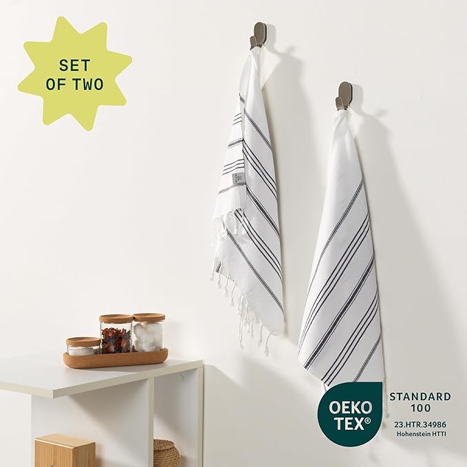 WETCAT Turkish Hand Towels with Hanging Loop, Set of 2 (20" x 30") 100% Turkish Cotton, Pre-Washed, Quick Drying, for Kitchen or Bathroom - Black & White
