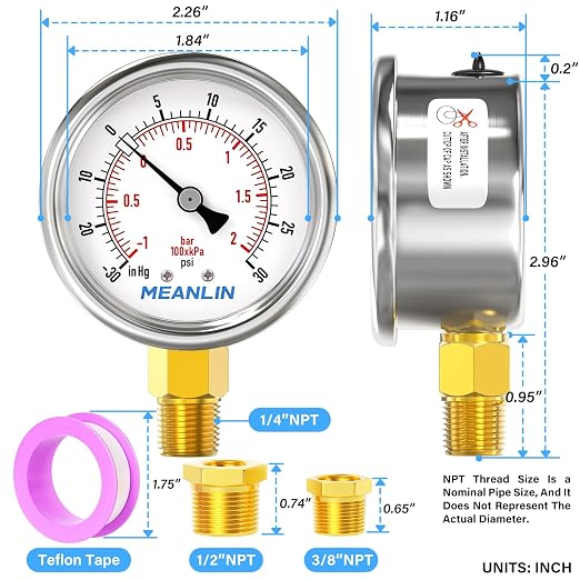 MEANLIN MEASURE -30inHG~30Psi Vacuum Gauge Stainless Steel 1/4" NPT 2" FACE - Image 2