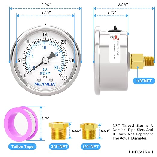 MEANLIN MEASURE 0~300Psi Dry Pressure Gauge Stainless Steel 1/8" NPT 2" FACE - Image 2
